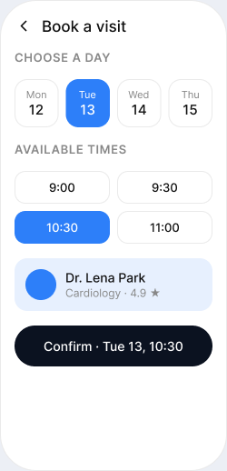 Booking screen with calendar and smart defaults