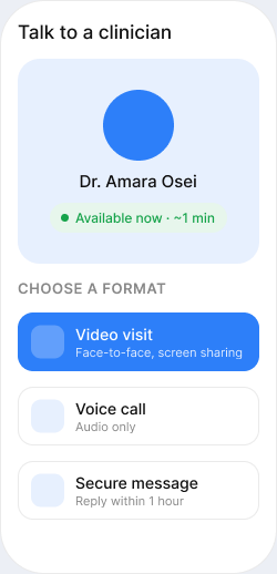 Telehealth screen offering video, voice and message consults